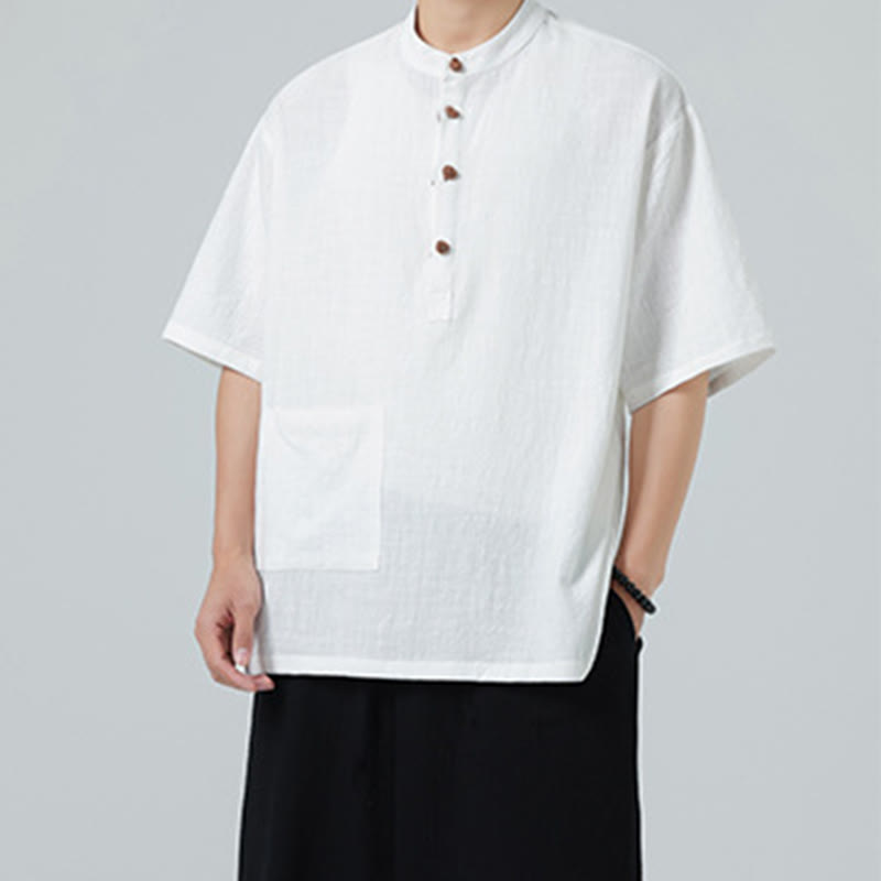 Buddha Stonesカジュアル ハーフフロッグボタンデザイン スタンドカラー タンスーツ メンズ 半袖 コットンシャツ ポケット付き - image 16