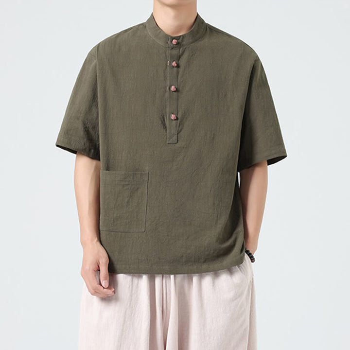 Buddha Stonesカジュアル ハーフフロッグボタンデザイン スタンドカラー タンスーツ メンズ 半袖 コットンシャツ ポケット付き - image 23