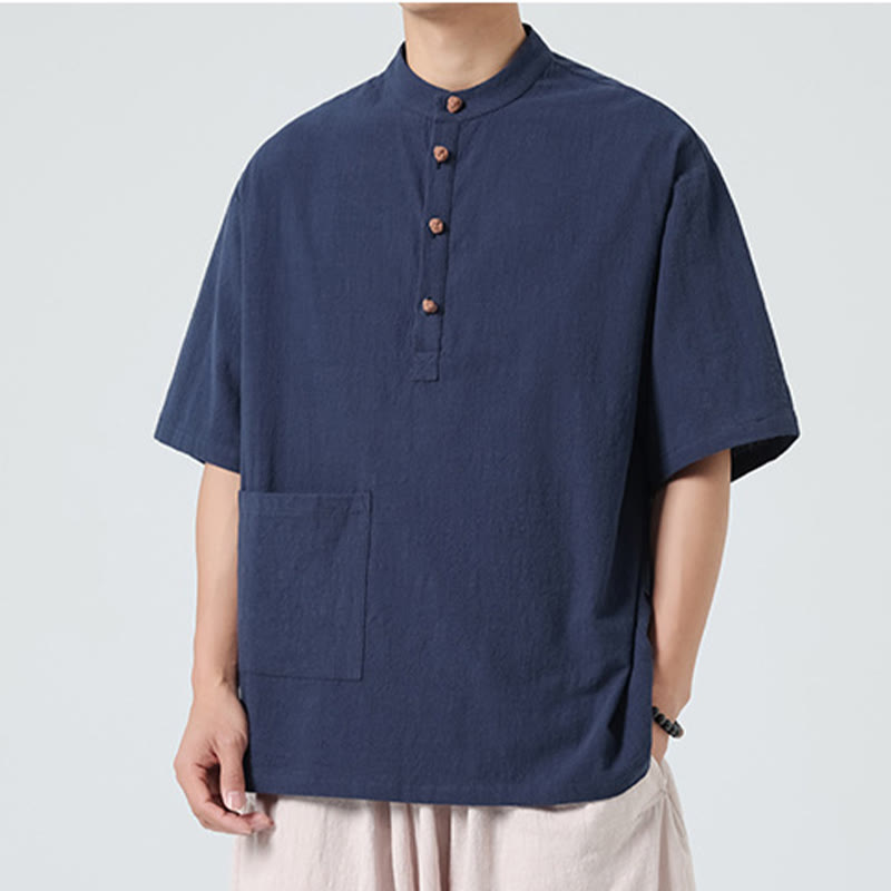 Buddha Stonesカジュアル ハーフフロッグボタンデザイン スタンドカラー タンスーツ メンズ 半袖 コットンシャツ ポケット付き