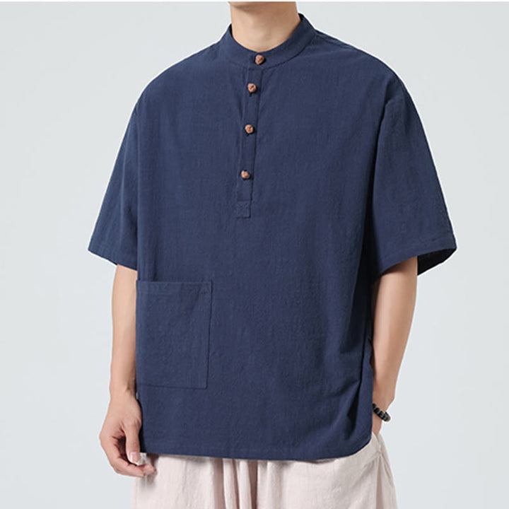 Buddha Stonesカジュアル ハーフフロッグボタンデザイン スタンドカラー タンスーツ メンズ 半袖 コットンシャツ ポケット付き