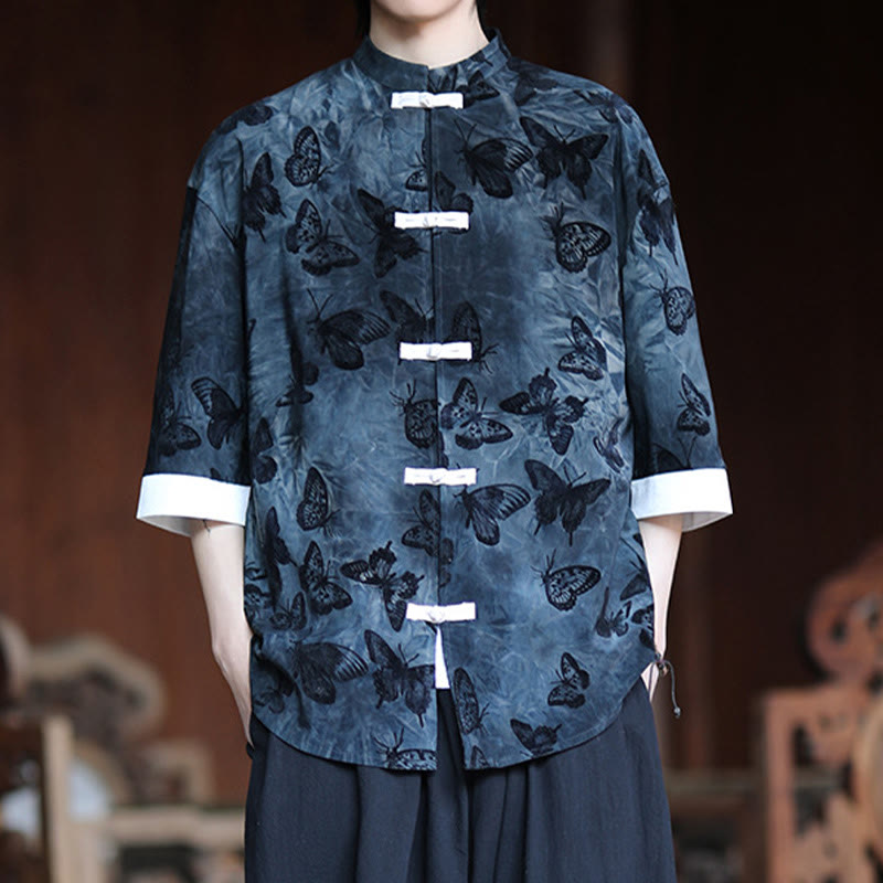 Buddha Stonesジャカード蝶柄ホワイトフロッグボタンデザインスタンドカラーメンズ七分袖コットンシャツカーディガン - image 9