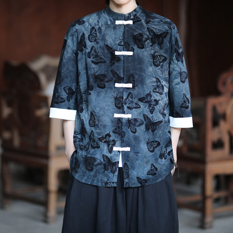 Buddha Stonesジャカード蝶柄白カエルボタンデザインスタンドカラーメンズ七分袖コットンシャツ - image 10