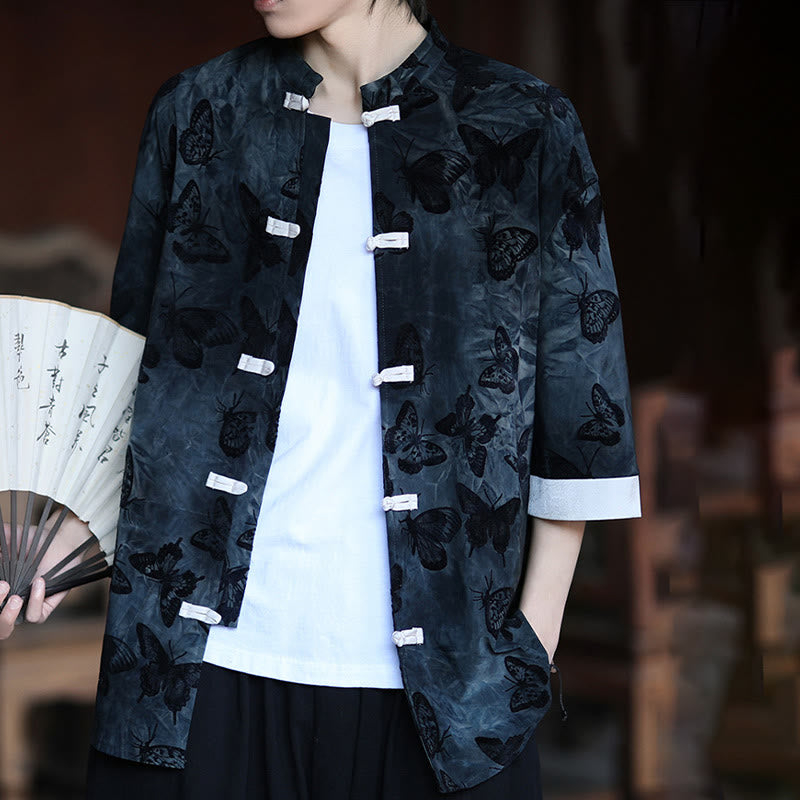 Buddha Stonesジャカード蝶柄ホワイトフロッグボタンデザインスタンドカラーメンズ七分袖コットンシャツカーディガン - image 15