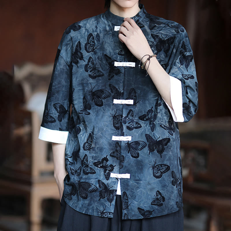 Buddha Stonesジャカード蝶柄ホワイトフロッグボタンデザインスタンドカラーメンズ七分袖コットンシャツカーディガン - image 12