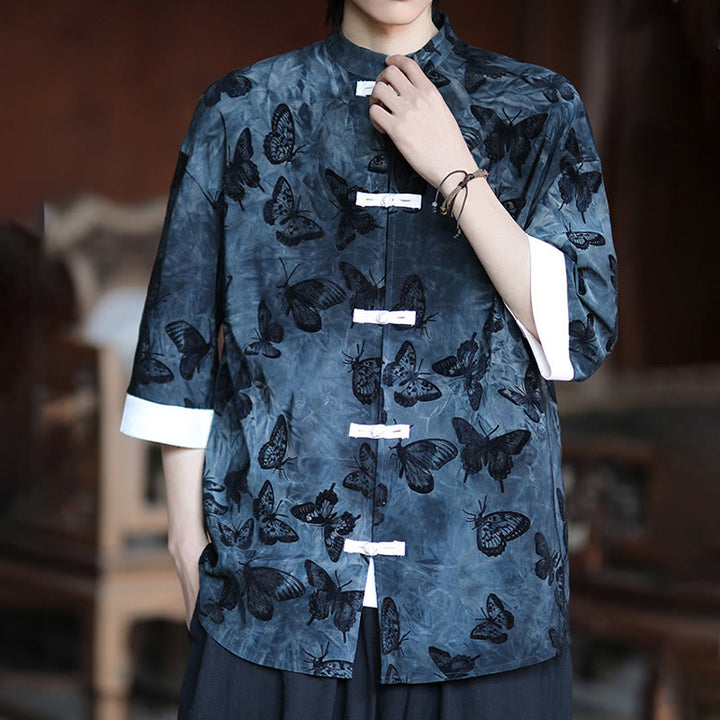 Buddha Stonesジャカード蝶柄ホワイトフロッグボタンデザインスタンドカラーメンズ七分袖コットンシャツカーディガン - image 12