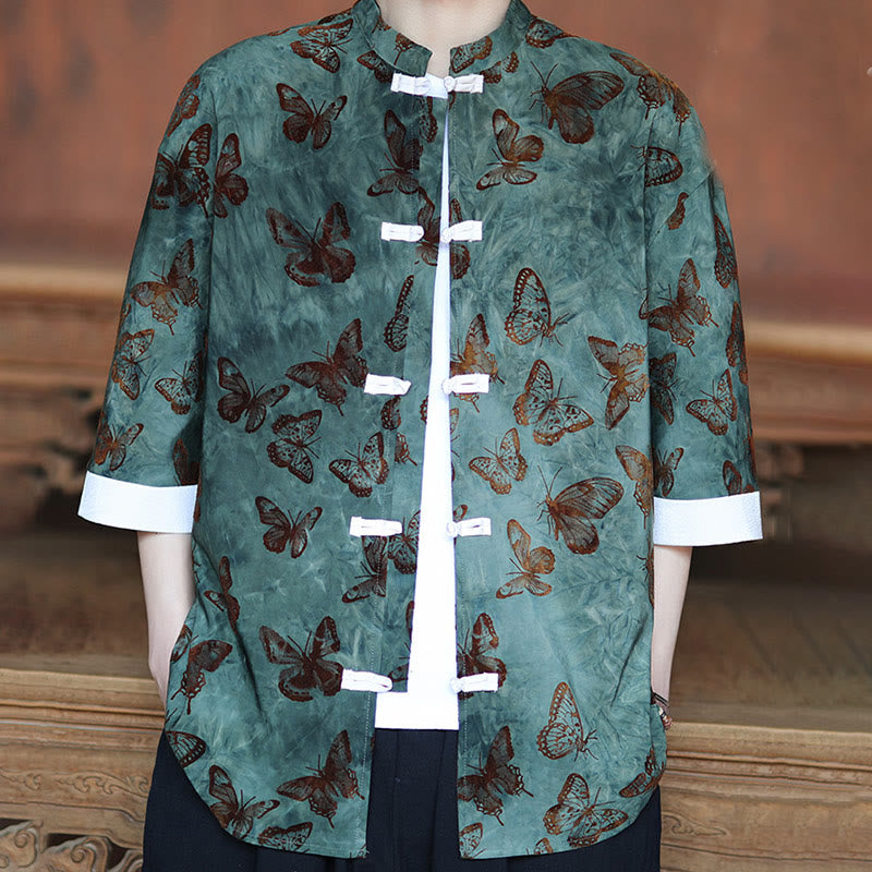 Buddha Stonesジャカード蝶柄ホワイトフロッグボタンデザインスタンドカラーメンズ七分袖コットンシャツカーディガン - image 4