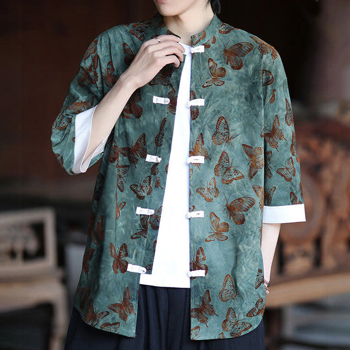 Buddha Stonesジャカード蝶柄ホワイトフロッグボタンデザインスタンドカラーメンズ七分袖コットンシャツカーディガン - image 3