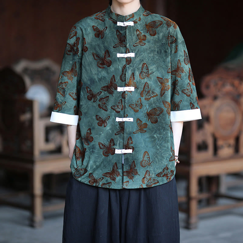 Buddha Stonesジャカード蝶柄ホワイトフロッグボタンデザインスタンドカラーメンズ七分袖コットンシャツカーディガン - シーグリーン - US/UK/AU46、 EU56 (5XL) - image 0