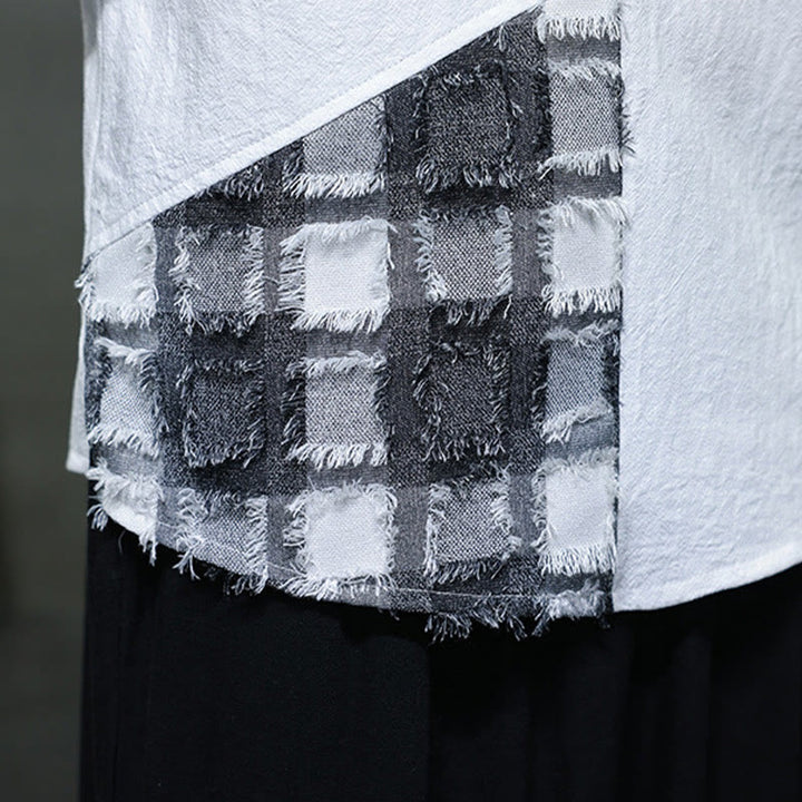 Buddha Stones夏 ヴィンテージカラー コントラスト パッチワークデザイン スタンドカラー メンズ 半袖 コットンシャツ ポケット付き - image 19