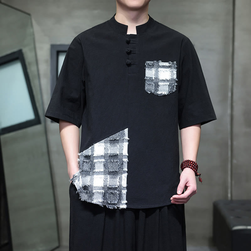 Buddha Stones夏 ヴィンテージカラー コントラスト パッチワークデザイン スタンドカラー メンズ 半袖 コットンシャツ ポケット付き - image 2