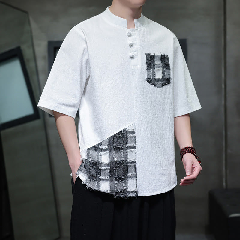 Buddha Stones夏 ヴィンテージカラー コントラスト パッチワークデザイン スタンドカラー メンズ 半袖 コットンシャツ ポケット付き - 白 - US/UK/AU46、 EU56 (5XL) - image 8
