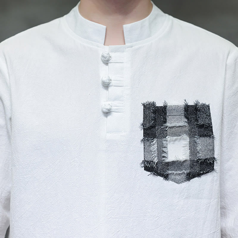 Buddha Stones夏 ヴィンテージカラー コントラスト パッチワークデザイン スタンドカラー メンズ 半袖 コットンシャツ ポケット付き - image 16