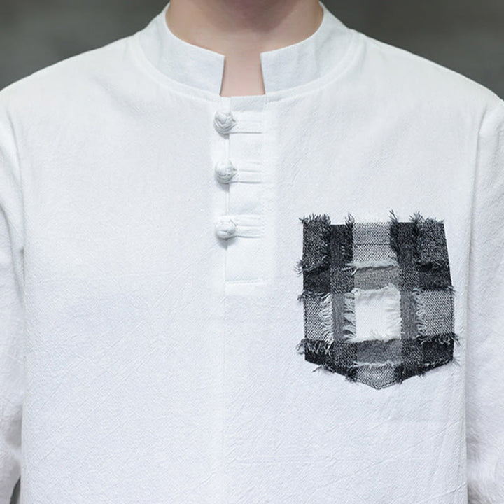 Buddha Stones夏 ヴィンテージカラー コントラスト パッチワークデザイン スタンドカラー メンズ 半袖 コットンシャツ ポケット付き - image 16