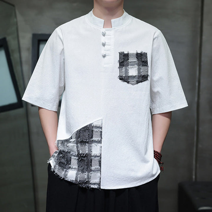 Buddha Stones夏 ヴィンテージカラー コントラスト パッチワークデザイン スタンドカラー メンズ 半袖 コットンシャツ ポケット付き - image 12