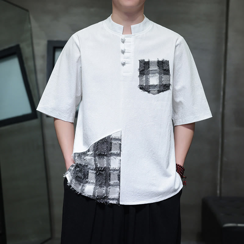 Buddha Stones夏 ヴィンテージカラー コントラスト パッチワークデザイン スタンドカラー メンズ 半袖 コットンシャツ ポケット付き - image 9