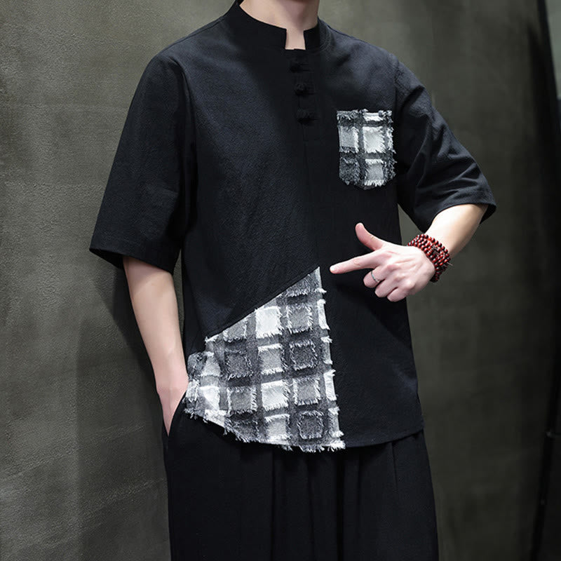 Buddha Stones夏 ヴィンテージカラー コントラスト パッチワークデザイン スタンドカラー メンズ 半袖 コットンシャツ ポケット付き - image 4