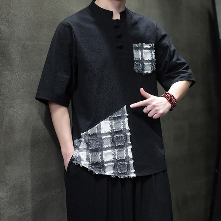 Buddha Stones夏 ヴィンテージカラー コントラスト パッチワークデザイン スタンドカラー メンズ 半袖 コットンシャツ ポケット付き - image 4