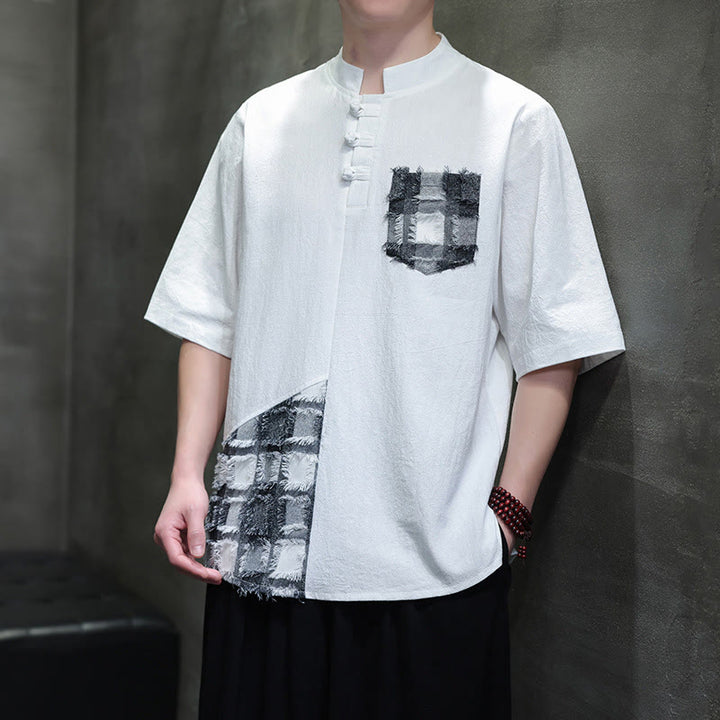 Buddha Stones夏 ヴィンテージカラー コントラスト パッチワークデザイン スタンドカラー メンズ 半袖 コットンシャツ ポケット付き - image 10