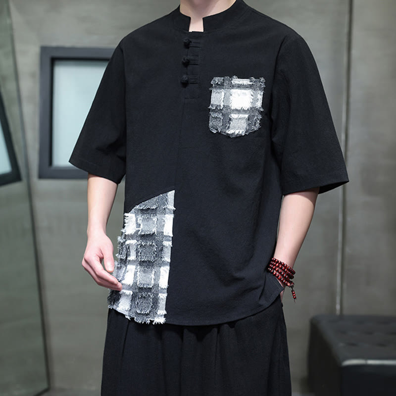 Buddha Stones夏 ヴィンテージカラー コントラスト パッチワークデザイン スタンドカラー メンズ 半袖 コットンシャツ ポケット付き - image 1