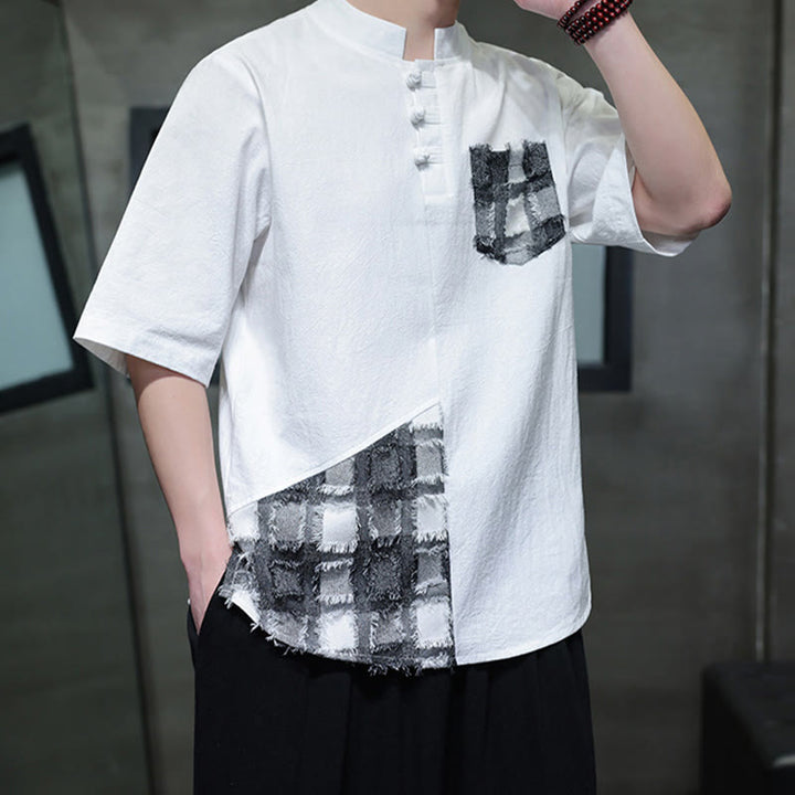 Buddha Stones夏 ヴィンテージカラー コントラスト パッチワークデザイン スタンドカラー メンズ 半袖 コットンシャツ ポケット付き - image 14