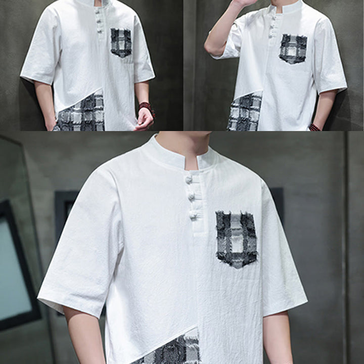 Buddha Stones夏 ヴィンテージカラー コントラスト パッチワークデザイン スタンドカラー メンズ 半袖 コットンシャツ ポケット付き - image 20