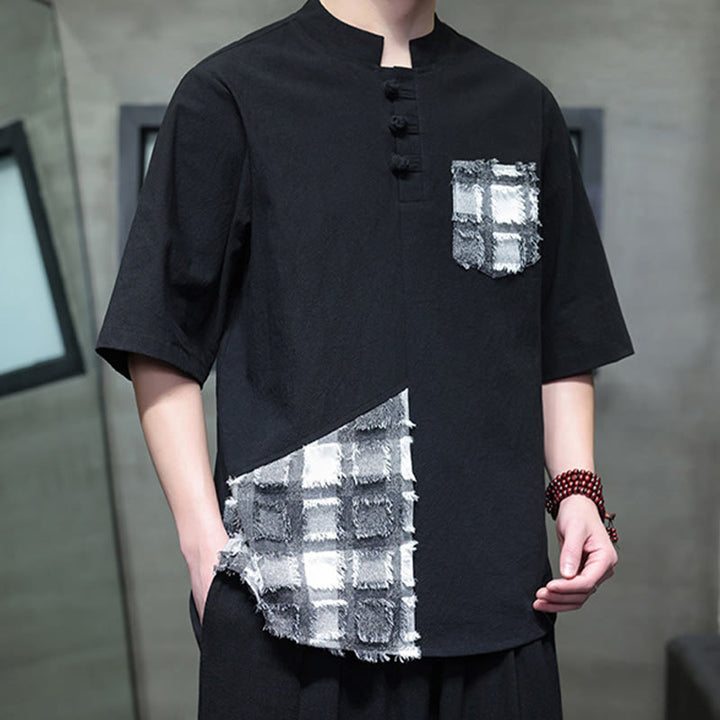 Buddha Stones夏 ヴィンテージカラー コントラスト パッチワークデザイン スタンドカラー メンズ 半袖 コットンシャツ ポケット付き - image 6