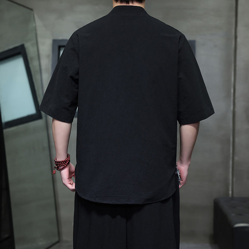 Buddha Stones夏 ヴィンテージカラー コントラスト パッチワークデザイン スタンドカラー メンズ 半袖 コットンシャツ ポケット付き