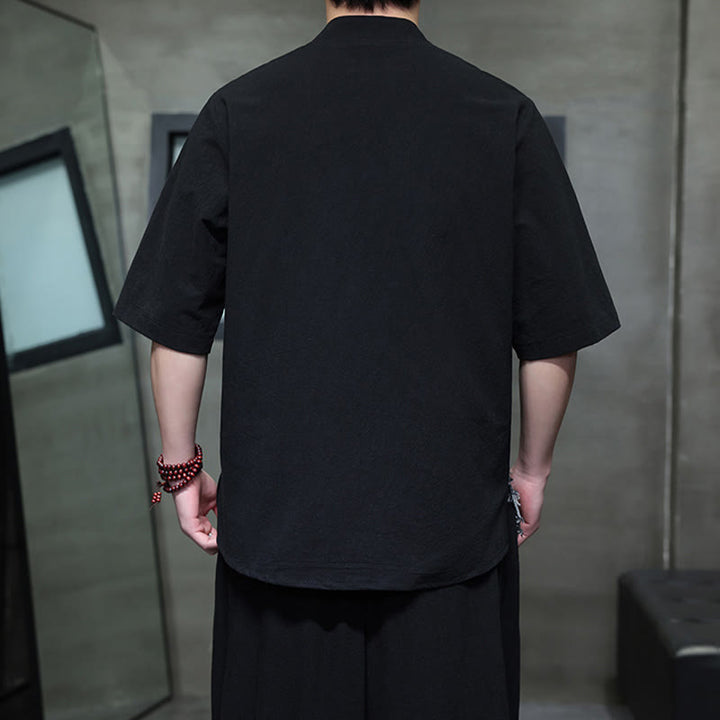 Buddha Stones夏 ヴィンテージカラー コントラスト パッチワークデザイン スタンドカラー メンズ 半袖 コットンシャツ ポケット付き