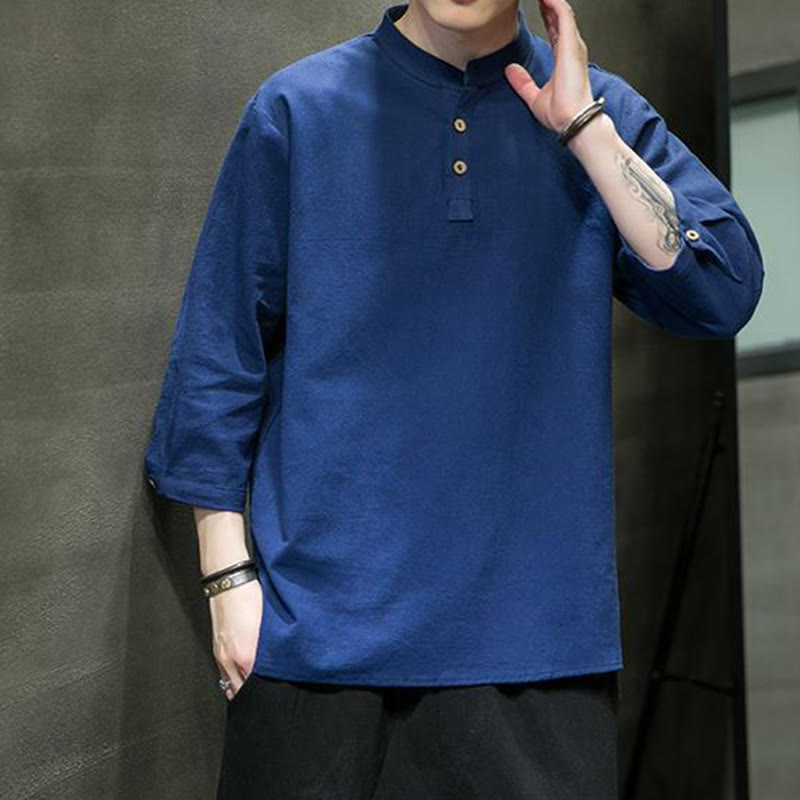 Buddha Stonesヴィンテージ カジュアル ピュアカラー スタンドカラー メンズ 七分袖 コットンリネンシャツ - image 24