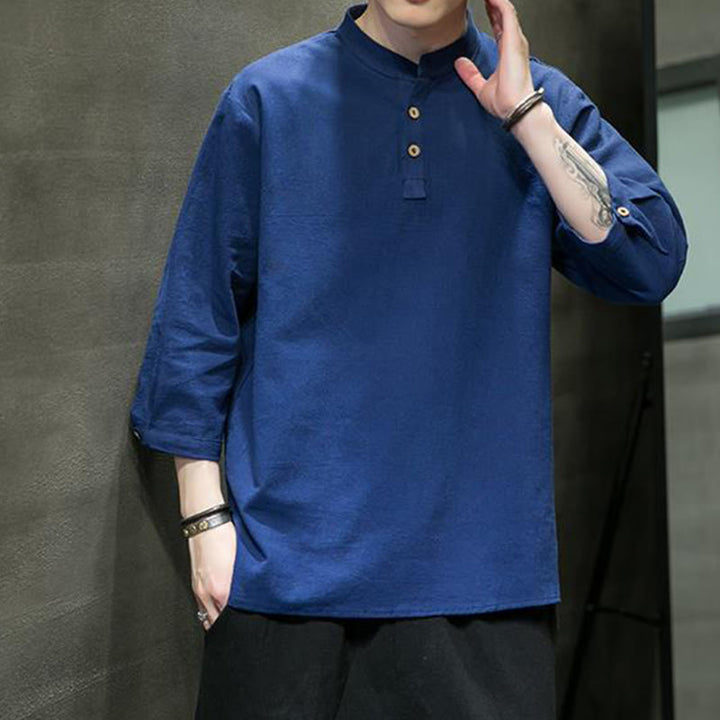 Buddha Stonesヴィンテージ カジュアル ピュアカラー スタンドカラー メンズ 七分袖 コットンリネンシャツ - image 24