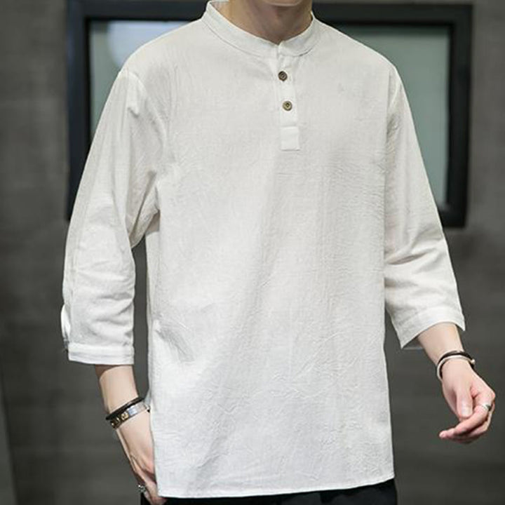 Buddha Stonesヴィンテージ カジュアル ピュアカラー スタンドカラー メンズ 七分袖 コットンリネンシャツ - ベージュ - US/UK/AU46、 EU56 (5XL) - image 0