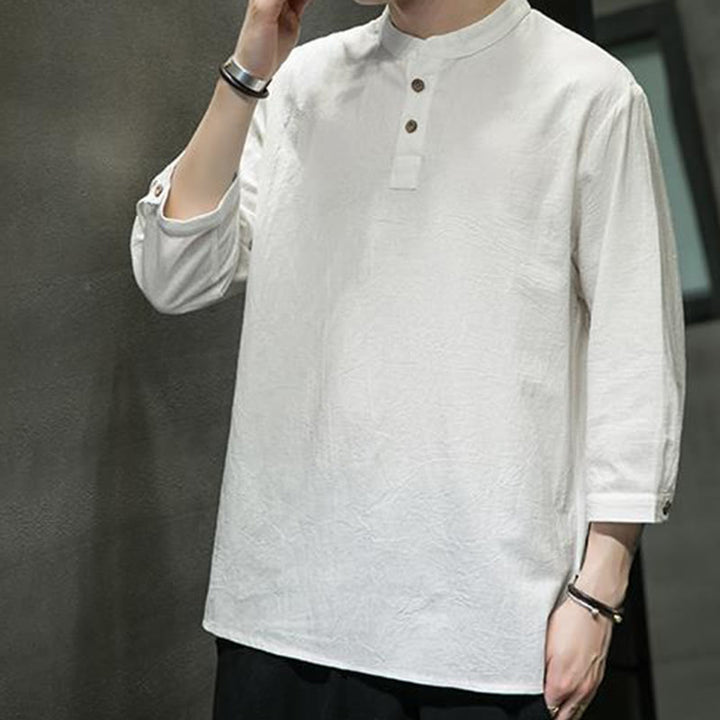 Buddha Stonesヴィンテージ カジュアル ピュアカラー スタンドカラー メンズ 七分袖 コットンリネンシャツ - image 4