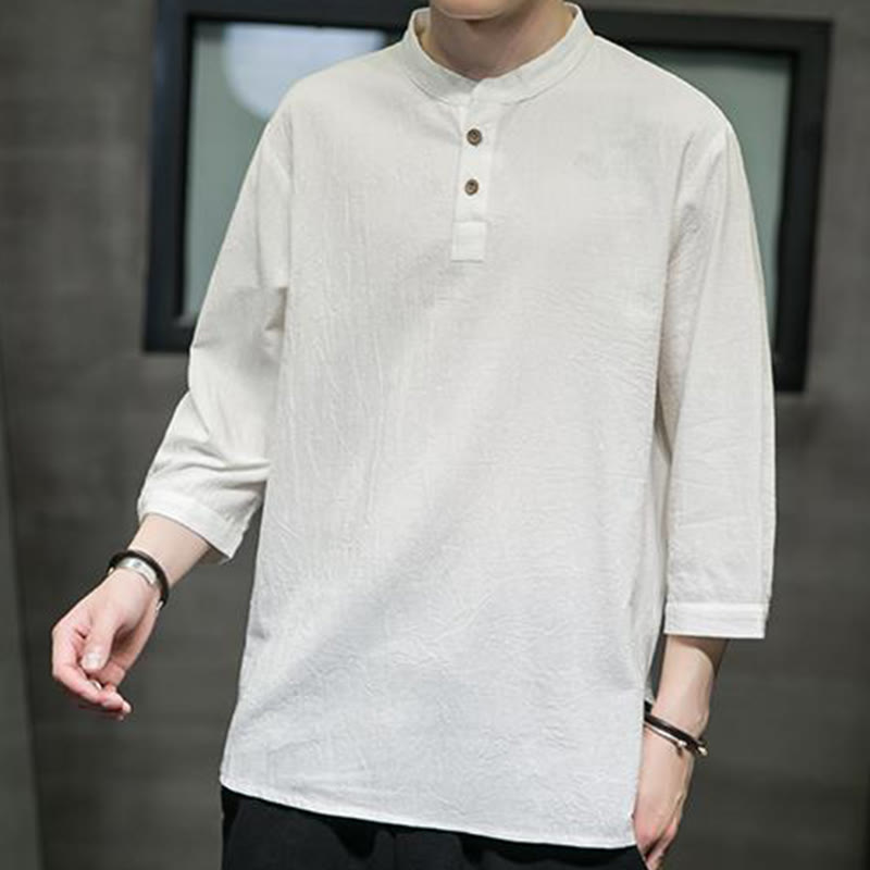 Buddha Stonesヴィンテージ カジュアル ピュアカラー スタンドカラー メンズ 七分袖 コットンリネンシャツ - image 2