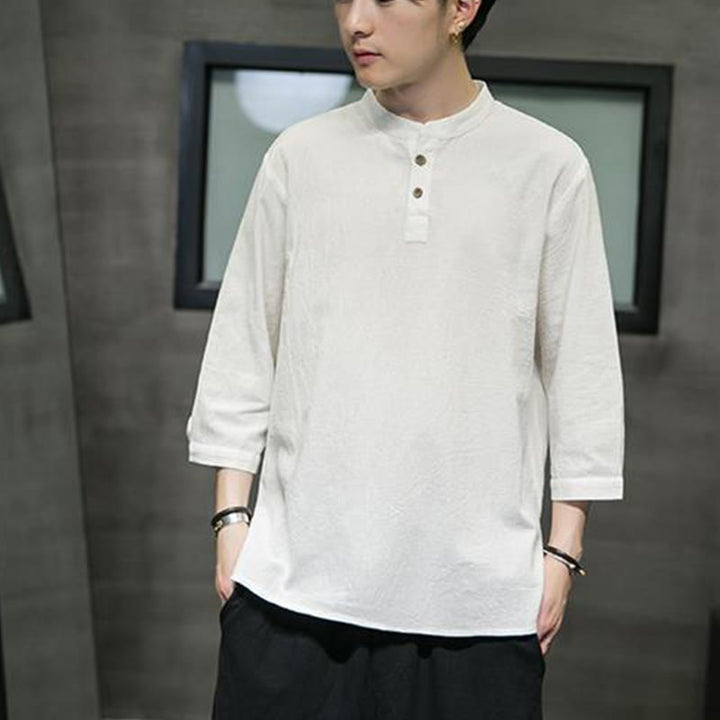 Buddha Stonesヴィンテージ カジュアル ピュアカラー スタンドカラー メンズ 七分袖 コットンリネンシャツ - image 9