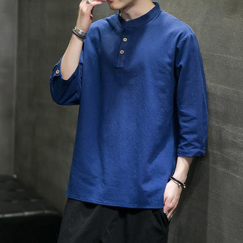 Buddha Stonesヴィンテージ カジュアル ピュアカラー スタンドカラー メンズ 七分袖 コットンリネンシャツ - ダークブルー - US/UK/AU46、 EU56 (5XL) - image 18