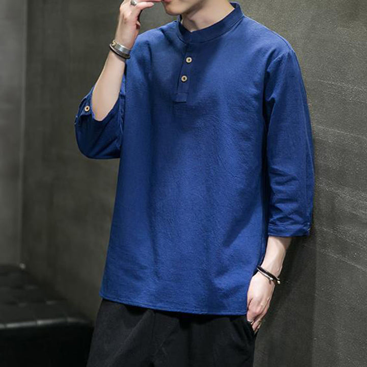 Buddha Stonesヴィンテージ カジュアル ピュアカラー スタンドカラー メンズ 七分袖 コットンリネンシャツ - ダークブルー - US/UK/AU46、 EU56 (5XL) - image 18