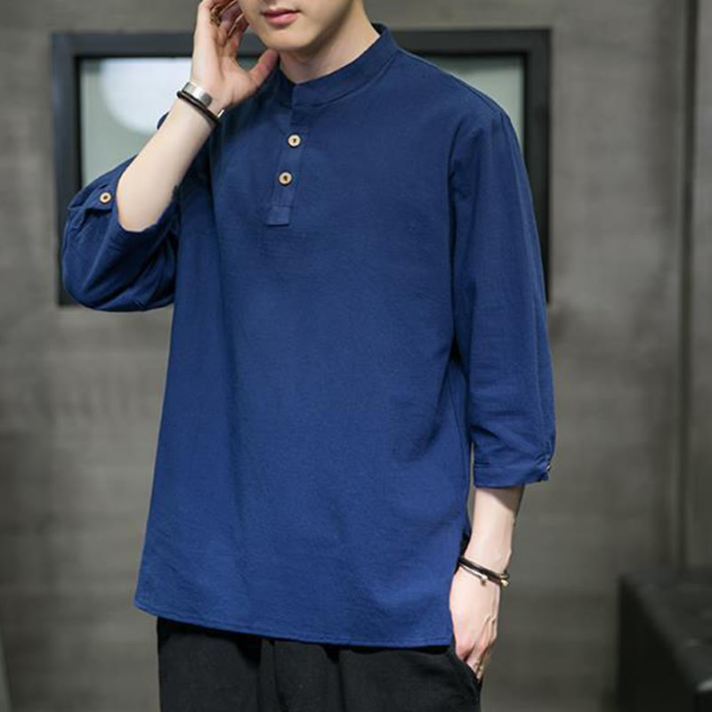 Buddha Stonesヴィンテージ カジュアル ピュアカラー スタンドカラー メンズ 七分袖 コットンリネンシャツ - image 25