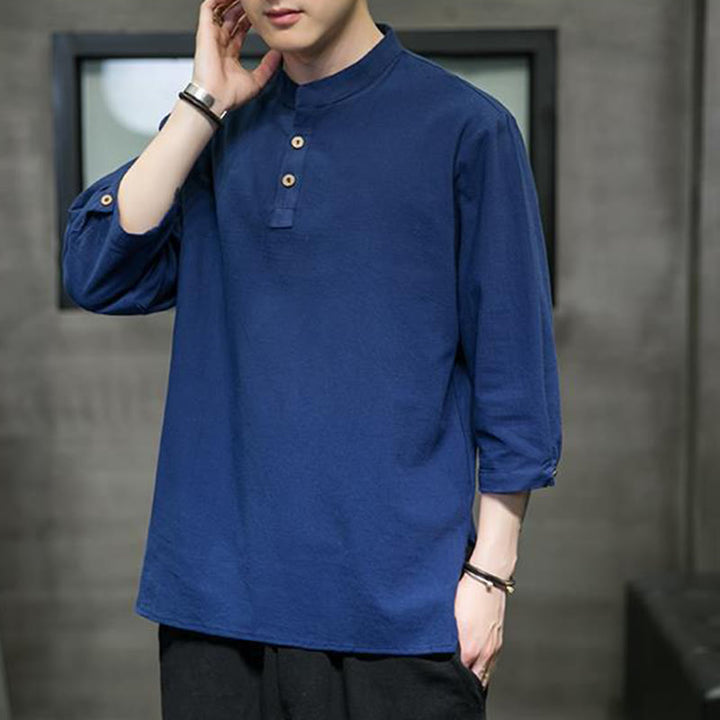 Buddha Stonesヴィンテージ カジュアル ピュアカラー スタンドカラー メンズ 七分袖 コットンリネンシャツ - image 25