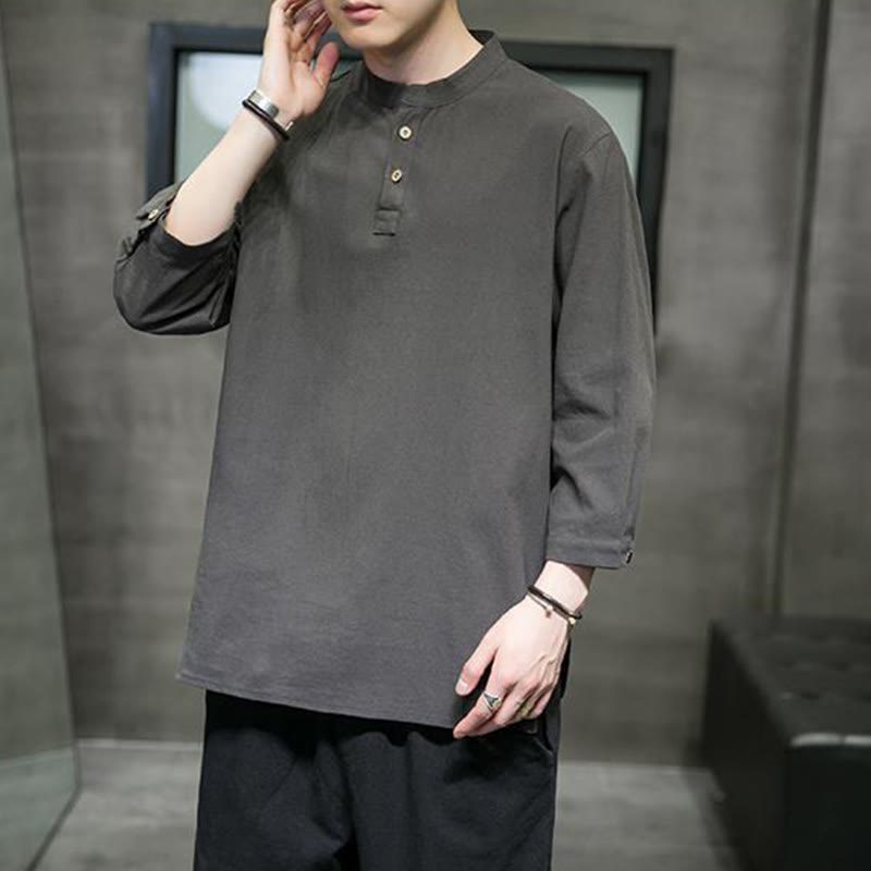 Buddha Stonesヴィンテージ カジュアル ピュアカラー スタンドカラー メンズ 七分袖 コットンリネンシャツ - image 12