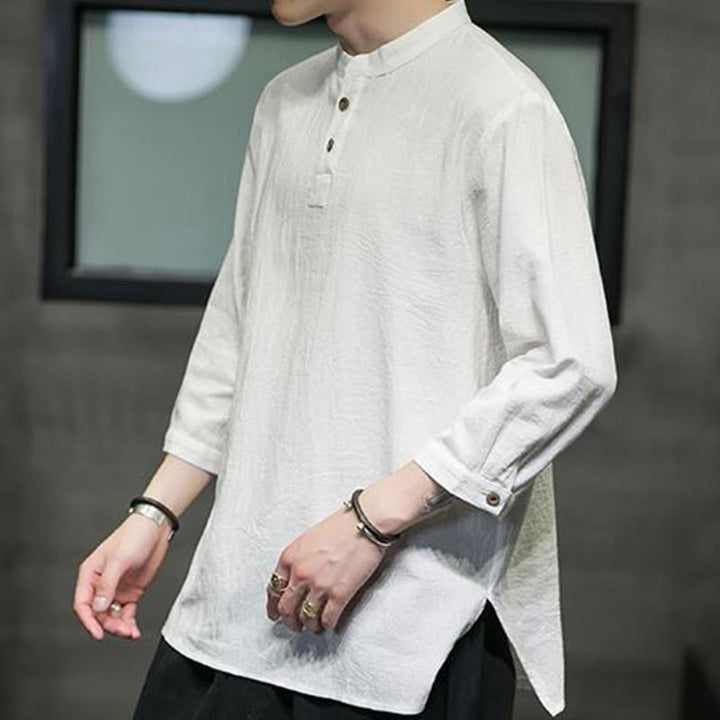 Buddha Stonesヴィンテージ カジュアル ピュアカラー スタンドカラー メンズ 七分袖 コットンリネンシャツ - image 3