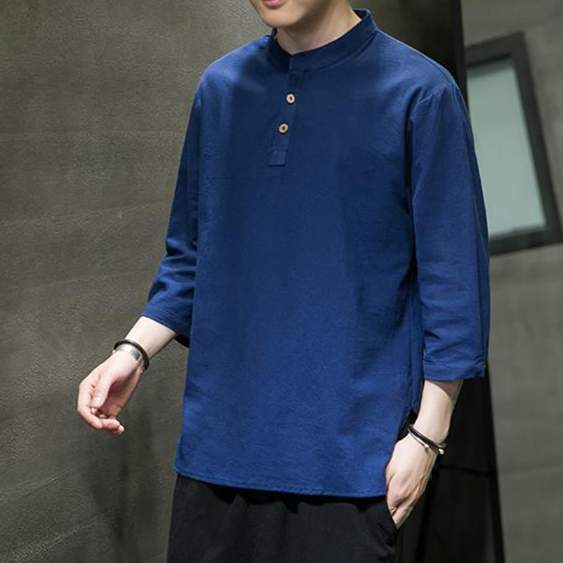 Buddha Stonesヴィンテージ カジュアル ピュアカラー スタンドカラー メンズ 七分袖 コットンリネンシャツ - image 19