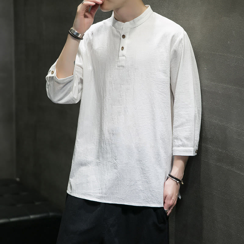 Buddha Stonesヴィンテージ カジュアル ピュアカラー スタンドカラー メンズ 七分袖 コットンリネンシャツ - image 7