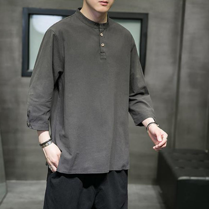 Buddha Stonesヴィンテージ カジュアル ピュアカラー スタンドカラー メンズ 七分袖 コットンリネンシャツ - image 17