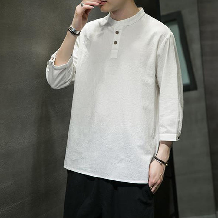 Buddha Stonesヴィンテージ カジュアル ピュアカラー スタンドカラー メンズ 七分袖 コットンリネンシャツ - image 10