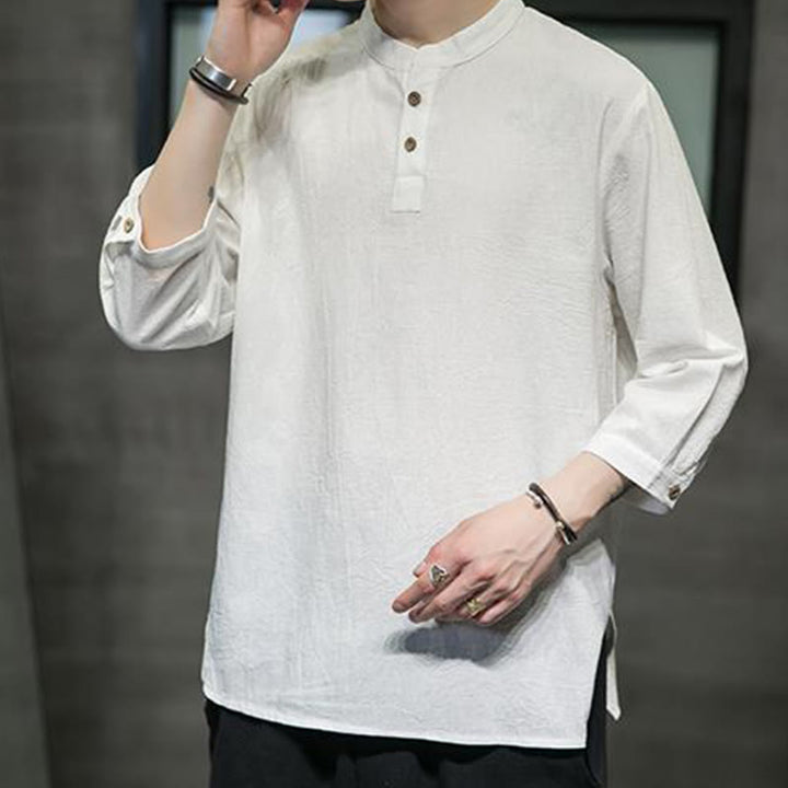 Buddha Stonesヴィンテージ カジュアル ピュアカラー スタンドカラー メンズ 七分袖 コットンリネンシャツ - image 5