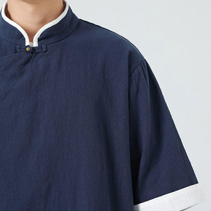 Buddha Stonesヴィンテージ 春カラーマッチングカラー 斜め前立てデザイン メンズ 半袖 コットンリネンシャツ - image 11