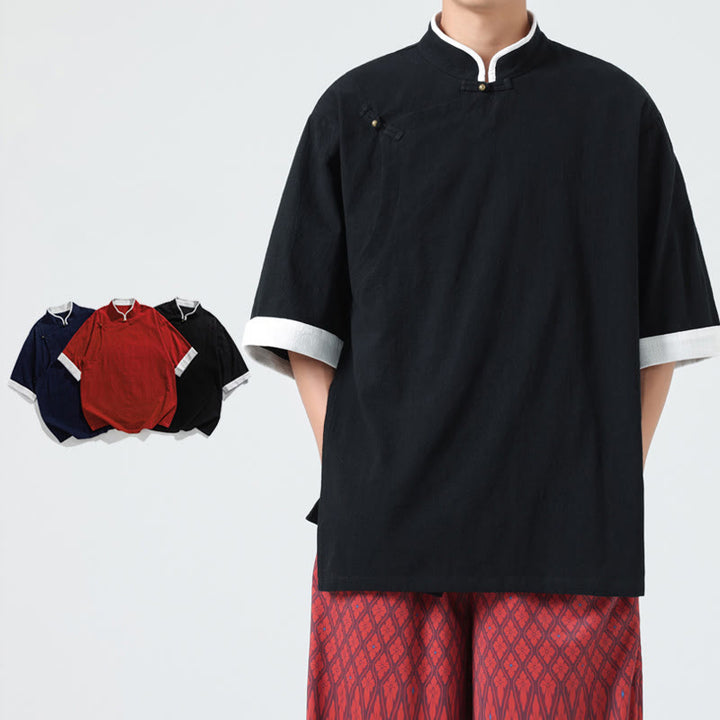 Buddha Stonesヴィンテージ 春カラーマッチングカラー 斜め前立てデザイン メンズ 半袖 コットンリネンシャツ - image 15