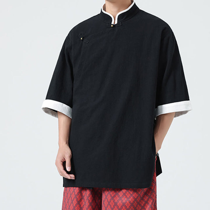 Buddha Stonesヴィンテージ 春カラーマッチングカラー 斜め前立てデザイン メンズ 半袖 コットンリネンシャツ - image 18