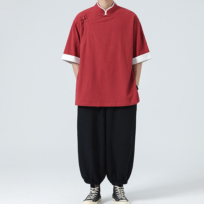 Buddha Stonesヴィンテージ 春カラーマッチングカラー 斜め前立てデザイン メンズ 半袖 コットンリネンシャツ - image 33