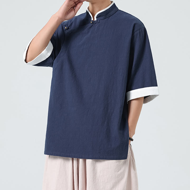 Buddha Stonesヴィンテージ 春カラーマッチングカラー 斜め前立てデザイン メンズ 半袖 コットンリネンシャツ - image 4